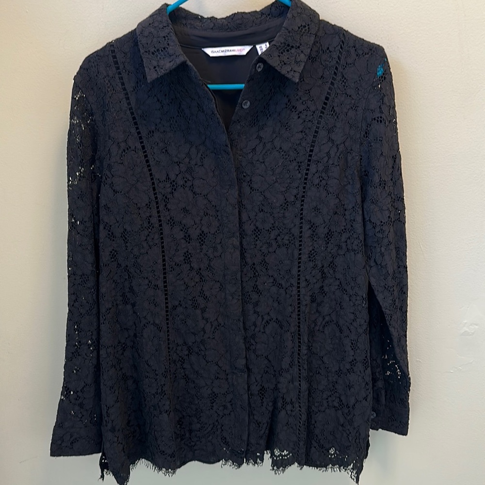 Isaac Mizarhi Live Black Lace button up top blouse women’s size 6